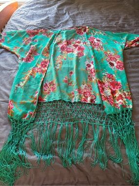 Turquoise Floral Fringe Kimono